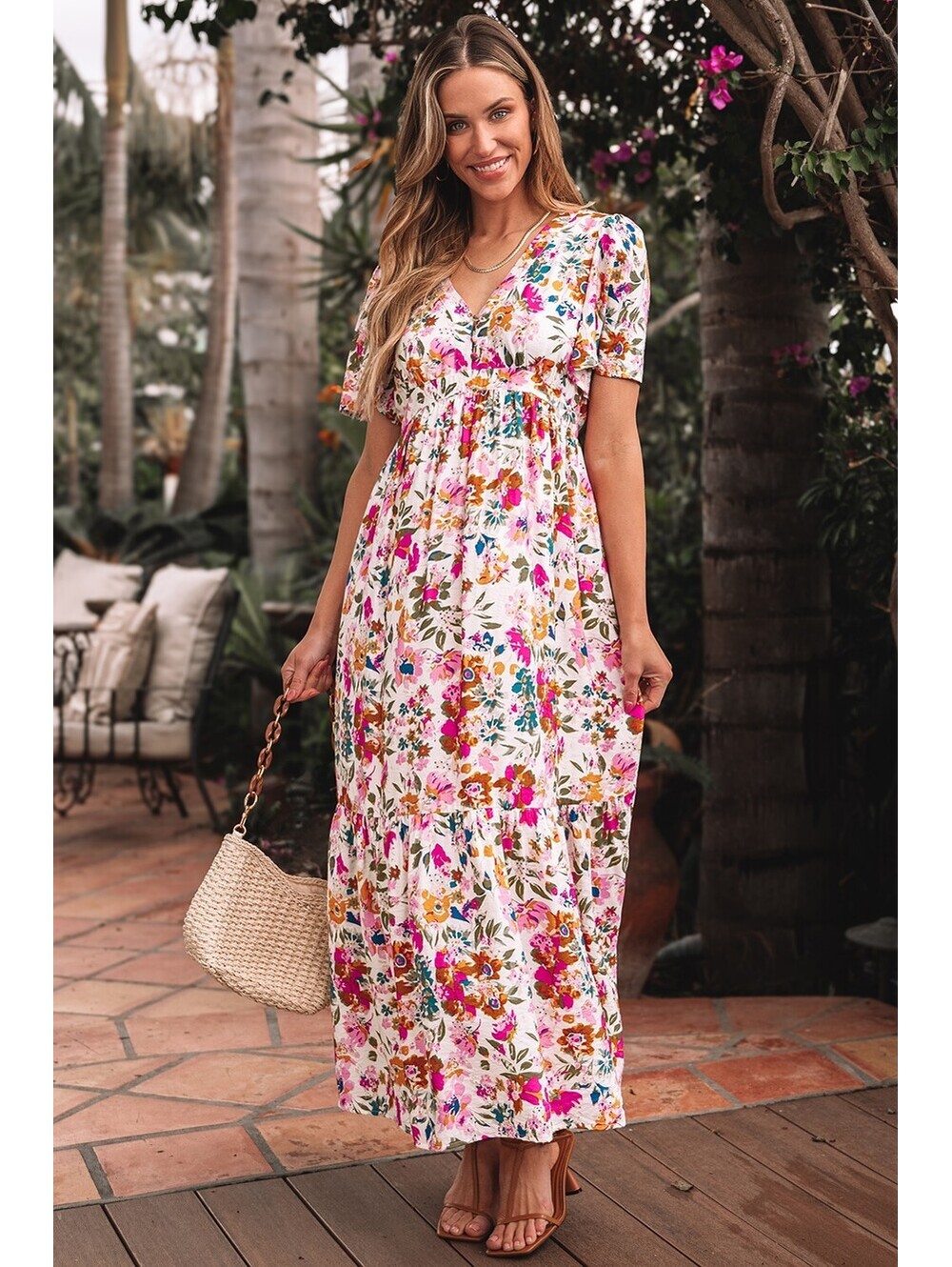 Floral Print Maxi Dress with Pockets and Short Sleeves